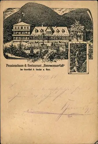 Vorläufer Litho Goslar in Niedersachsen, Pensionshaus Restaurant Gosewasserfall, Totalansicht, Hügel