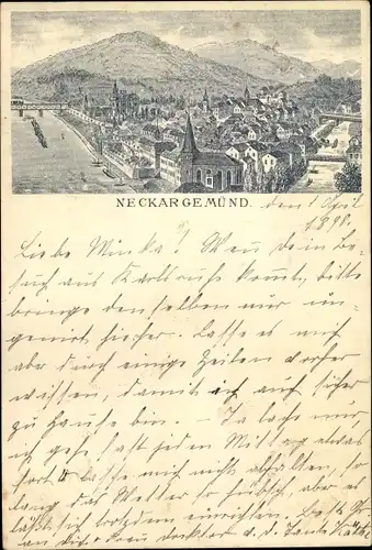 Litho Neckargemünd in Baden Württemberg, Totalansicht, Vogelschau, Brücken, Neckar, Elsenz