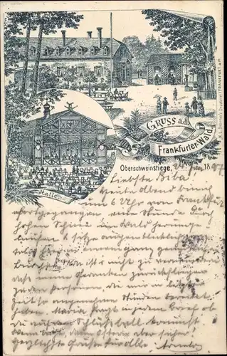 Litho Frankfurt am Main, Wald, Oberschweinstiege, Gebäude, Halle, Besucher