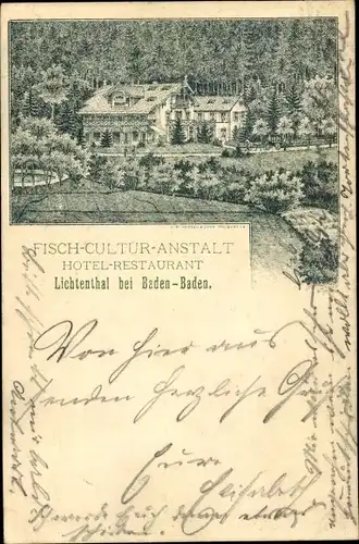 Litho Lichtenthal Baden Baden im Stadtkreis Baden Württemberg, Hotel Fischkulturanstalt, Waldrand