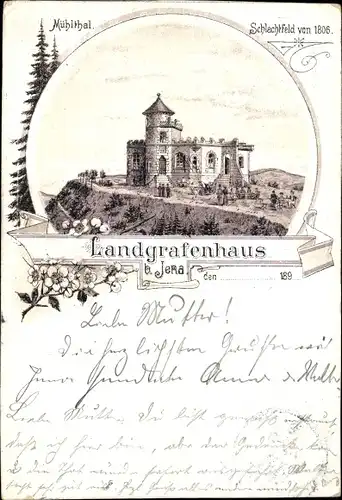 Litho Jena in Thüringen, Mühltal, Landgrafenhaus, Totalansicht, Schlachtfeld von 1806
