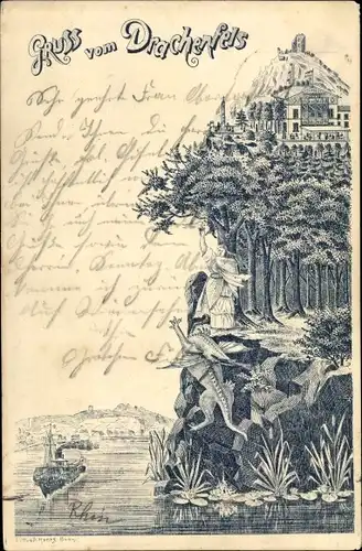 Litho Königswinter am Rhein, Burgruine Drachenfels, Plateau, Sage, Drache, junge Frau, Rheinpartie