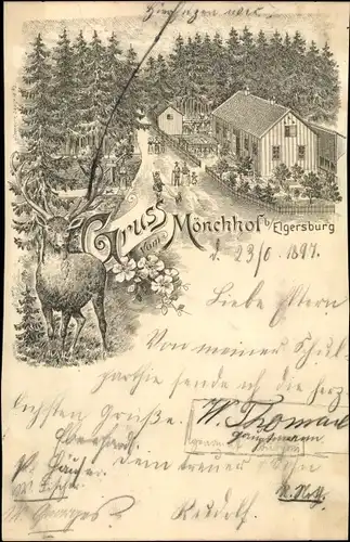 Litho Mönchhof Elgersburg Thüringen, Häuserpartie, Waldrand, Hirsch