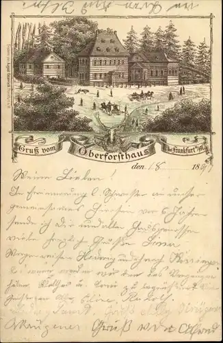 Litho Frankfurt am Main, Oberforsthaus, Außenansicht, Passanten, Hirschkopf