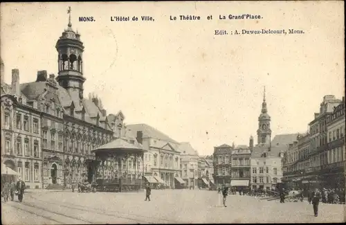 Ak Mons Wallonien Hennegau, L'Hôtel de Ville, le Théâtre, Grand Place