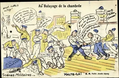 Künstler Ak Au Balayage de la chambrée, Scènes militaires, Halte la