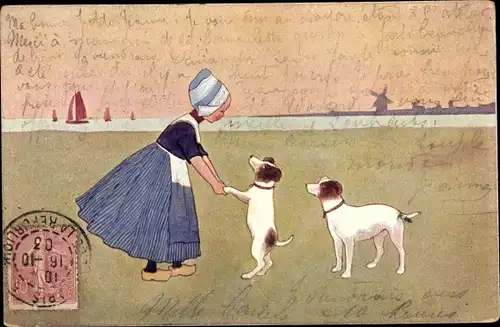 Künstler Ak Mädchen mit zwei Hunden