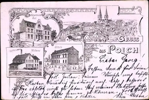 Litho Polch Rheinland Pfalz, Bürgermeisteramt, Molkerei, Schule