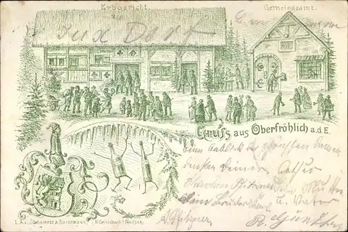 Litho Oberfröhlich an der Elbe Meißen, Gasthaus Erbgericht, Gemeindeamt, Winter