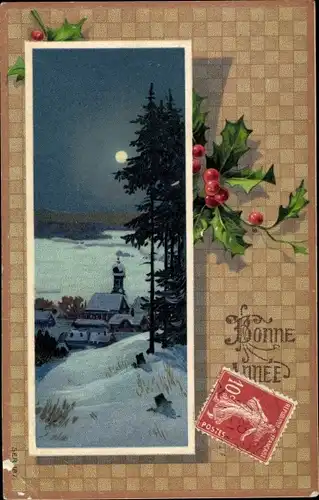 Präge Passepartout Ak Glückwunsch Neujahr, Nachtszene, Stechpalmenblätter