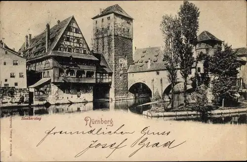 Ak Nürnberg in Mittelfranken Bayern, Pegnitzpartie, Henkersteg, Häuser, Turm, Brücke