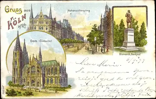 Litho Köln am Rhein, Hohenzollernring, Bismarckdenkmal, Dom