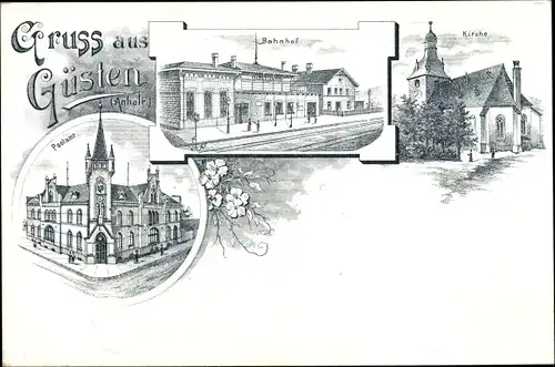 Litho Güsten Sachsen Anhalt, Bahnhof, Postamt, Kirche