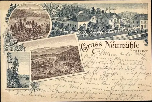 Litho Neumühle in Thüringen, Gasthaus, Panorama