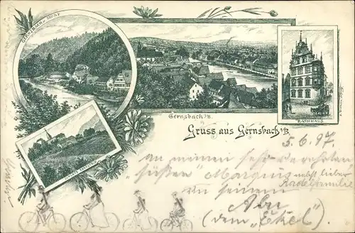 Litho Gernsbach im Schwarzwald, Panorama, Rathaus, Schloss Eberstein