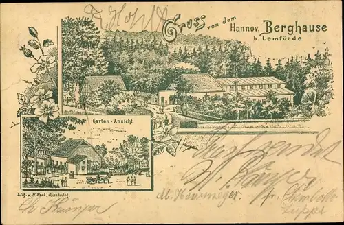 Litho Lemförde in Niedersachsen, Hannov. Berghaus, Garten