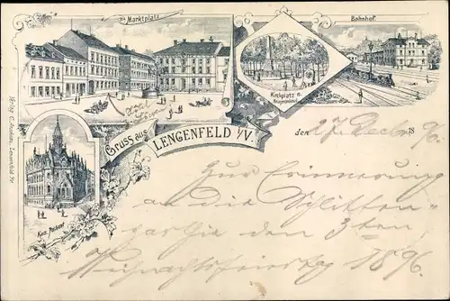 Litho Lengenfeld Vogtland Sachsen, Marktplatz, Bahnhof, Postamt, Kirchplatz