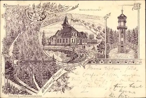 Litho Ernsee Gera in Thüringen, Waldschlösschen, Metzhöhe, Ebersteig, Hermannsbrücke