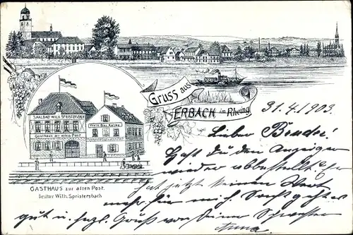 Litho Erbach Eltville am Rhein Hessen, Gasthaus zur alten Post