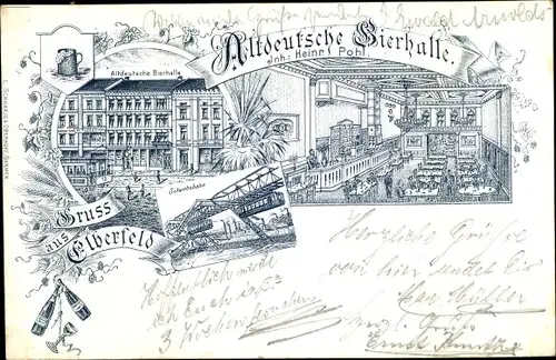 Litho Elberfeld Wuppertal, Altdeutsche Bierhalle, Schwebebahn