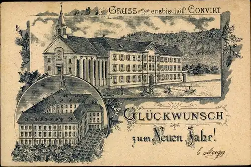 Litho Freiburg im Breisgau, Erzbischöfl. Convikt, Glückwunsch Neujahr