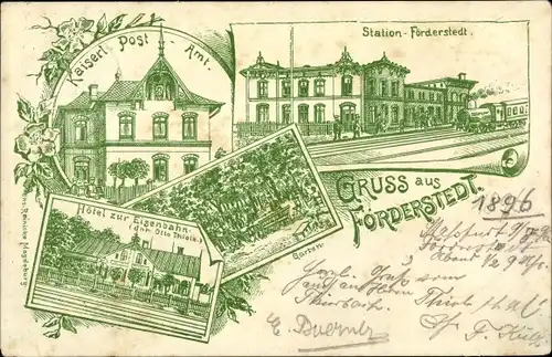 Litho Förderstedt Staßfurt Sachsen Anhalt, Postamt, Bahnhof, Hotel zur Eisenbahn