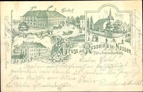 Litho Rüsseina Nossen Landkreis Meißen, Gasthof, Schule, Kirche