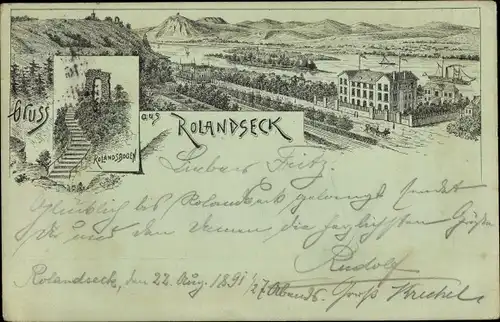 Mondschein Litho Rolandseck Remagen, Rolandsbogen, Hotel Billau