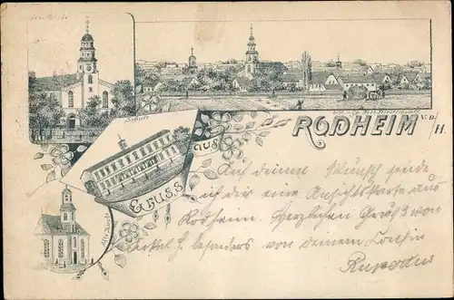 Litho Rodheim Rosbach vor der Höhe im Wetteraukreis, Schule, Kirche, Panorama