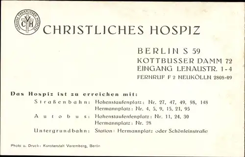 Ak Berlin Kreuzberg, Christliches Hospiz, Kottbusser Damm 72, Eingang Lenaustraße 1-4, Freie Jugend