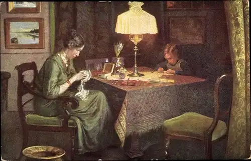 Künstler Ak Kornerup, V., Beim Lampenlicht, Frau beim Sticken