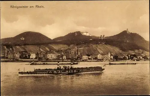 Ak Königswinter am Rhein, Panorama vom Ort, Salondampfer