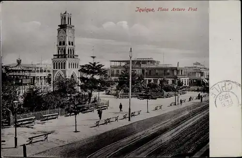 Ak Iquique Chile, Plaza Arturo Prat, Uhrenturm, Gleise