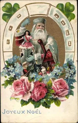 Passepartout Litho Frohe Weihnachten, Weihnachtsmann mit Geschenken, Vergissmeinicht, Rosen