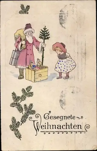 Litho Frohe Weihnachten, Weihnachtsmann bringt kleinem Mädchen Geschenke