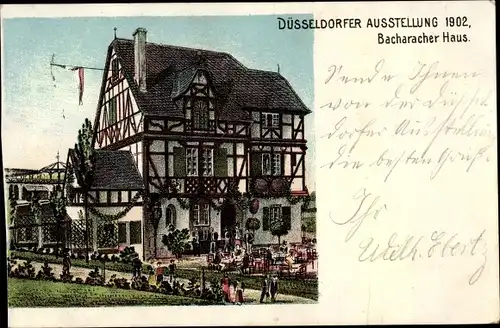 Litho Düsseldorf am Rhein, Bacharacher Haus, Düsseldorfer Ausstellung 1902