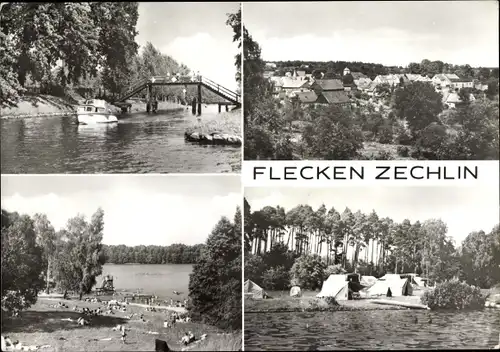 Ak Dorf Zechlin Rheinsberg, Brücke, Panorama vom Ort, Strand, Camping, Uferpartie