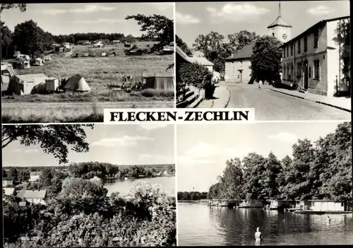Ak Dorf Zechlin Rheinsberg, Campingplatz, Straßenpartie, Panorama vom Ort, Hausboote