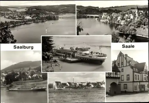 Ak Saalburg Ebersdorf in Thüringen, Panoramas vom Ort, Saalepartien, Fähre Gera, Anleger, Gasthaus