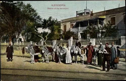 Ak Alexandria Ägypten, Station of the ass drivers, donkeys