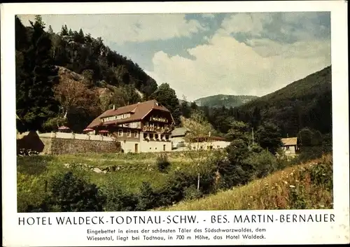 Ak Todtnau im Südschwarzwald, Hotel Waldeck, Außenansicht, Wiesenpartie, Anfahrtsbeschreibung