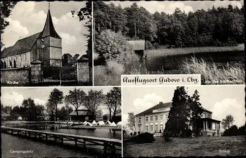 Ak Gudow in Schleswig Holstein, Kirche, Campingplatz, Schloss, Am See, Hellbachtal