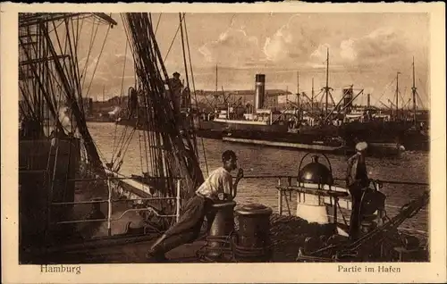 Ak Hamburg, Partie im Hafen, Seeleute auf Segelschiff, Dampfer