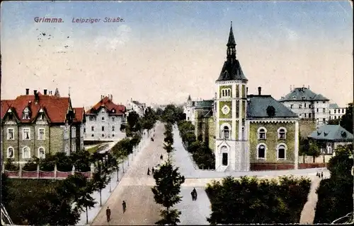 Ak Grimma in Sachsen, Leipziger Straße, Vogelschau, Passanten, Kirche