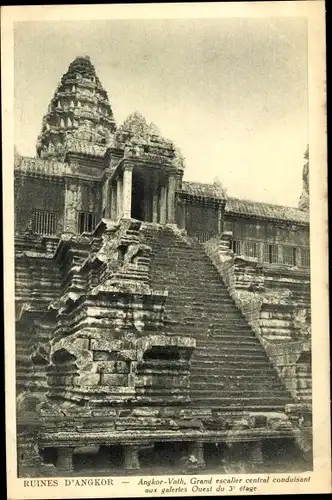 Ak Angkor Wat Kambodscha, Grand escalier central conduisant aux galeries Ouest