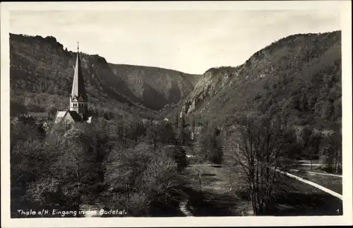 Ak Thale im Harz, Eingang in das Bodetal, Kirchturm