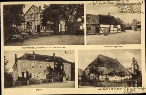 Ak Wendhausen, Gasthof zum Lindenbaum, Wandervogelheim, Schloss, Alter Hof mit Strohdach