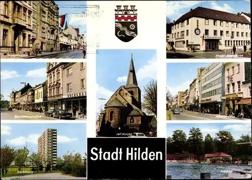 Ak Hilden Nordrhein Westfalen, Mittelstraße, Beethovenstraße, Stadtsparkasse, Freibad, Hochhaus