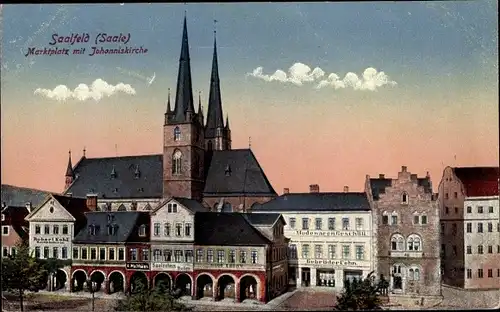 Ak Saalfeld an der Saale Thüringen, Marktplatz, Johanniskirche, Geschäfte