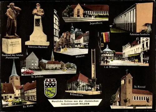 Ak Hilden Nordrhein Westfalen, Fabriciusdenkmal, St. Konrad, Erlöserkirche, St. Jakobus